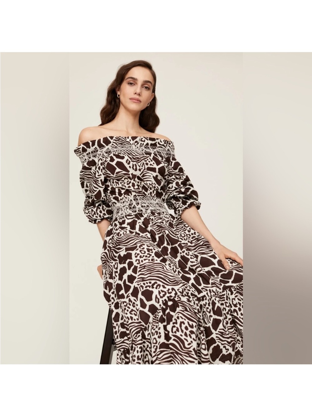 Adam Lippes Collective Animal Print Smocked Off Shoulder High Low Maxi Dress